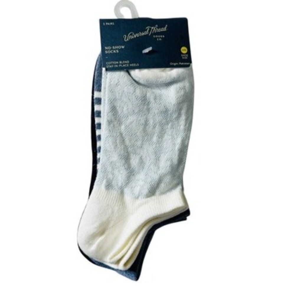Universal Thread No Show Socks Size 4-10 Cotten Blend 3 Pairs Blue White NEW!